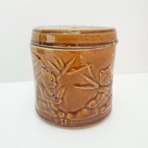 Bamboo & Panda Bear Design Ceramic Container Canister Embossed Graphic L. Brown